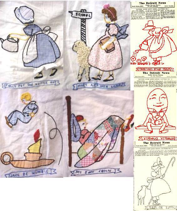 1940's newspaper Detroit News Mother Goose quilt pattern-redwork   - $10.00