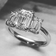 2.70Ct Emerald Cut Three Simulated Diamond Engagement Ring 14k White Gold Size 8 - £213.23 GBP