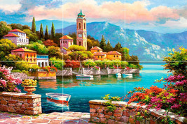 lago di como Italy village harbor view Medallion tile mural backsplash 12&quot;x18 - £65.50 GBP