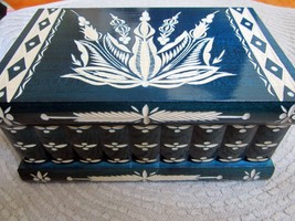 8&#39;&#39; Wooden Turquoise Jewelry Puzzle Box Engraved Folk Country Hidden Compartment - £72.71 GBP
