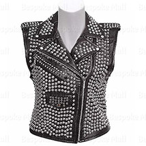 New Women&#39;s Black Punk Silver Studded Unique Style Rock Biker Leather Vest-500 - £208.62 GBP+