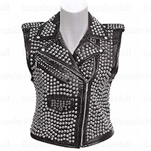 New Women&#39;s Black Punk Silver Studded Unique Style Rock Biker Leather Ve... - £200.67 GBP+