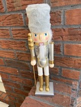 Christmas Nutcracker 15&quot; White Fur Wood Soldier Silver Gray Gold Sceptor - £21.29 GBP