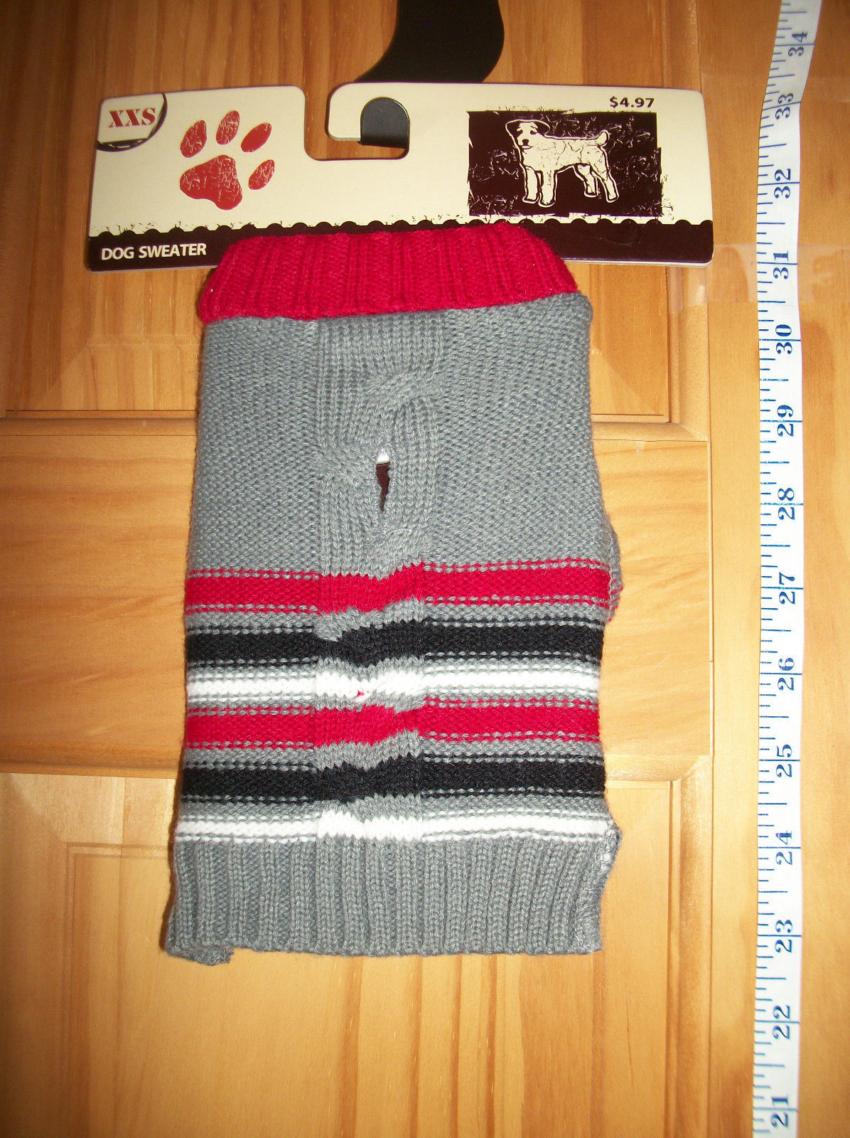 Pet Gift Dog Clothes XXS Gray Sweater Outfit Pup Red Black White Stripe ... - $4.74