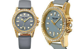NEW Deporte 9846 Women&#39;s Adria Gray Leather Strap Watch w/ Crystals Gold Bezel - £18.64 GBP