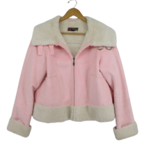 L Women&#39;s Y2K 2000s MUDD Pink Faux Suede Fur Trim Jacket Sherpa Vintage - £55.37 GBP