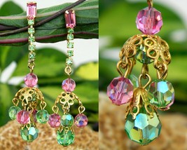 Vintage Aurora Borealis Pastel Crystal Bead Dangle Earrings AB Clips - £16.04 GBP