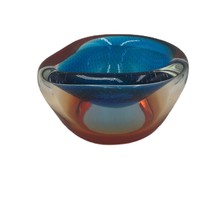 Vintage Retro Hip Bohemian Style Heavy Thick Glass Bowl Art Blue Red Clear - £23.72 GBP