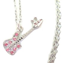 Rocker Girl Guitar Charm Necklace with Pink Rhinestones - £17.58 GBP