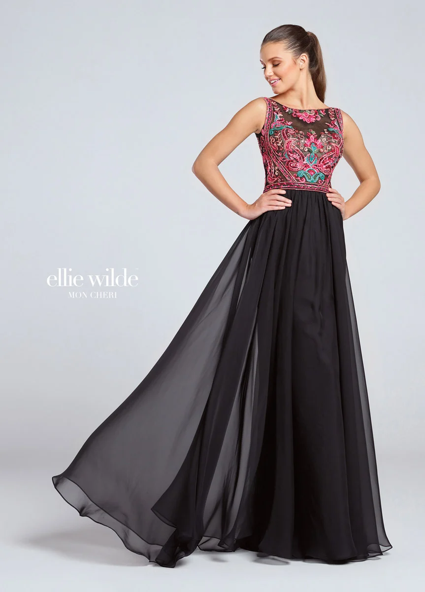 Long Prom Dress ELLIE WILDE BY MON CHERI EW117053 Color: Black/Multi Siz... - $450.00