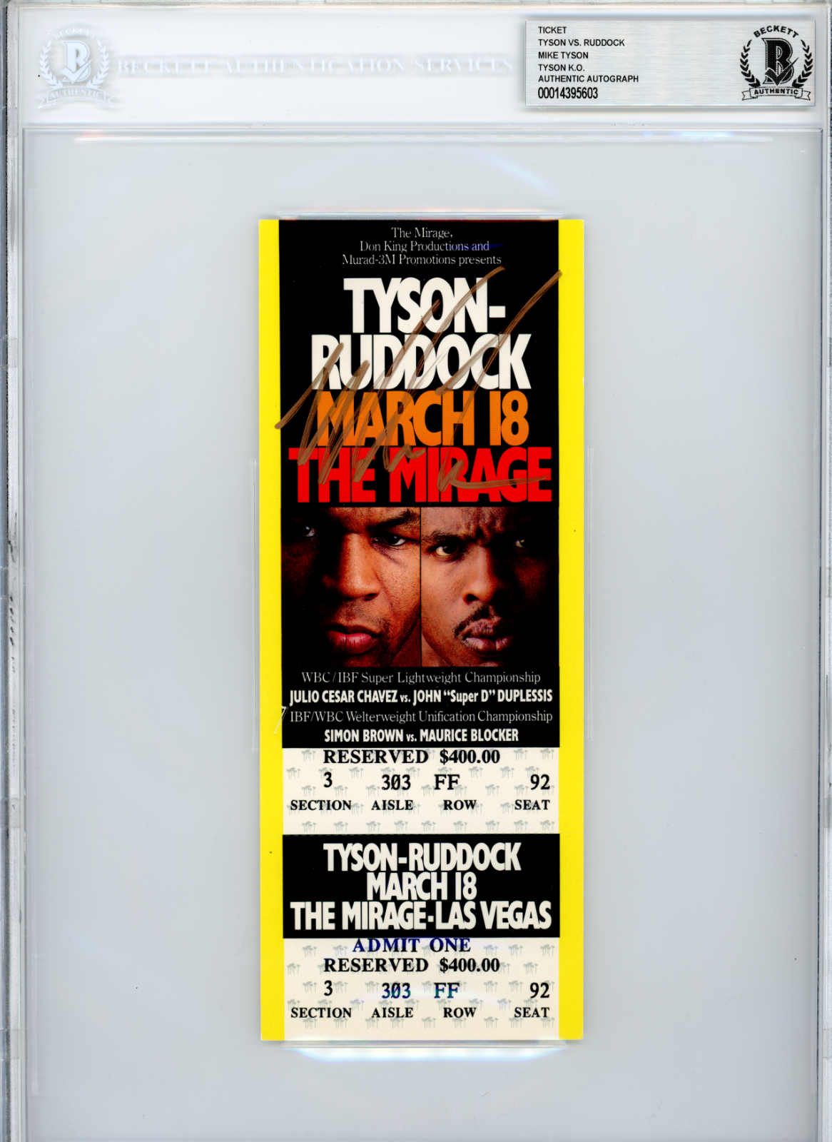 Primary image for Mike Tyson Signed Authentic Ticket vs Ruddock 3/18/1991 COA BAS Autograph