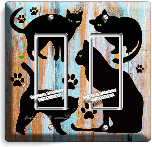 BLACK CATS RUSTIC PAINT WOOD DOUBLE GFCI LIGHT SWITCH WALL PLATE ROOM HOME DECOR