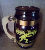 Vtg Ghost Town in the Sky 5&quot; Amber Drinking Glass Wooden Handle Maggie Valley NC - £14.20 GBP