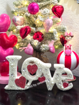 Valentine's Day Faux Pearl Rhinestones Beaded Figurine Tabletop Sign 12"x6" - $29.69