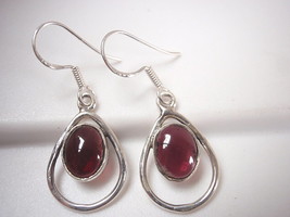 Garnet Oval in Hoop 925 Sterling Silver Dangle Earrings Corona Sun Jewelry - £14.13 GBP