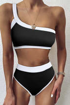Black One Shoulder Patchwork High-waisted Bikini Set - £15.22 GBP