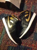 Air Jordan 1 Mid Men&#39;s Black, Gold &amp; White Leather Sneakers - 11.5 - New... - $150.00