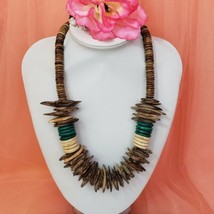 Brown Green Coco Wood Tribal Statement Necklace Beige Ethnic Natural Choker BOHO - £14.63 GBP