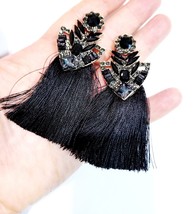 Black Tassel Drop Earrings, Bridesmaid Rhinestone Earrings, 3.4 Inch Pageant Jew - £28.76 GBP