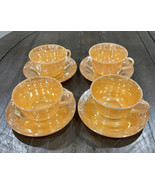 Fire King Peach Lustre Luster Ware Leaves Tea Cup Saucer Set Of 4 - $22.76