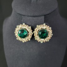 Vintage Earrings Green Faceted Rhinestones Clip Pearl Signed Robért - Estate - £37.98 GBP