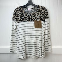 Wanna B Knit Leopard Striped Shirt Sz Medium Off White/Tan Stretch Long ... - $11.99