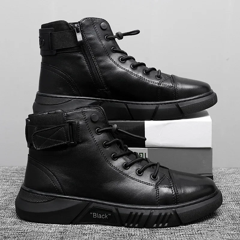 Autumn Winter Fashion Men&#39;s Ankle Boots PU Leather High Quality Comfortable Blac - £43.14 GBP