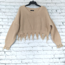 Zaful Womens Sweater One Size Beige Cropped Frayed Distressed Fringed Pullover - £18.85 GBP