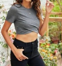 Cropped Short Sleeve T-Shirt Medium Shein Gray Criss Cross Stretc Blouse Tee Top - £2.21 GBP