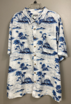 Haband Men’s Hawaiian Shirt W/Wood Button Palm Trees &amp; Huts in White &amp; Blue -4X - £18.39 GBP