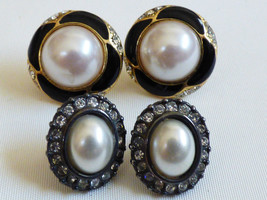 Lot of 2  Gold &amp; Silver tone metal White pearl faux &amp; Crystal Enamel Ear... - £14.24 GBP