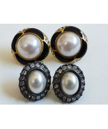 Lot of 2  Gold &amp; Silver tone metal White pearl faux &amp; Crystal Enamel Ear... - £14.20 GBP