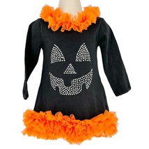 Halloween Girls Small Dress Black Bling Pumpkin Face Orange Tulle Trim - £9.49 GBP