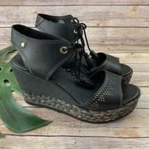 Pikolinos Wedge Sandals Size 41 Black Leather Tassels Stud Trim Woven Wr... - $45.53