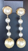Gold Tone Large Multiple Drop Faux Pearl Beaded Earrings Wedding Spiral Swirl - £22.41 GBP