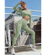 Grass Green Solid Color Long Sleeve Crop Top Leggings Yoga Sports Set - $2,322.99 MXN