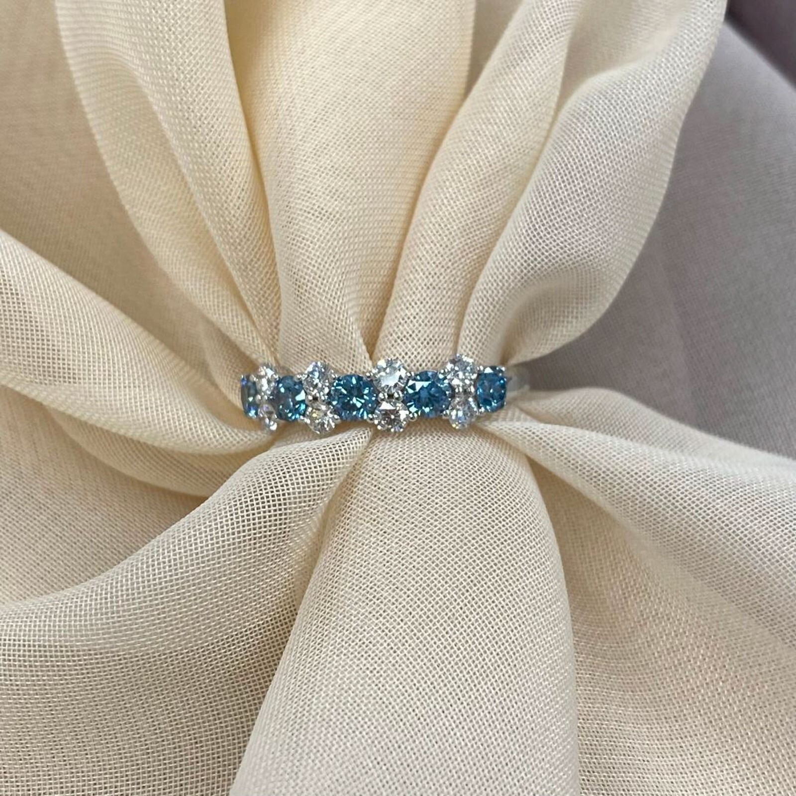 1.00 Ct Blue and White Lab Grown Diamond Alternating Wedding Band 14k white Gold Item image 9