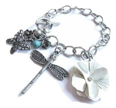 Metal Chain Charm Bracelet with Flower, Butterfly and Dragonfly Charms - £17.30 GBP