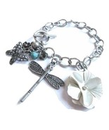 Metal Chain Charm Bracelet with Flower, Butterfly and Dragonfly Charms - £17.20 GBP