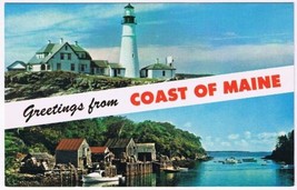 Postcard Greetings From Coast Of Maine Portland Head Light Fishing Village - $2.75