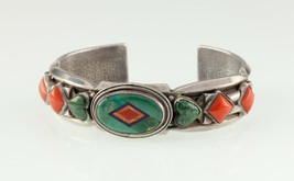 Aldrich Art Studio Turquoise &amp; Coral Inlay Sterling Silver Cuff Bracelet 57.8gr - £593.85 GBP
