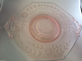 Vtg Pink Depression Glass Etched Floral Pattern Serving Plate  Dish W Handles - £49.06 GBP