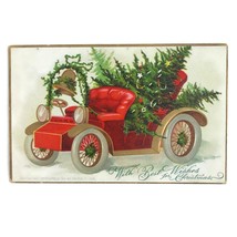 1908 Antique GermanyChristmas Postcard Red Convertible Car Tree Best Wishes - $8.89