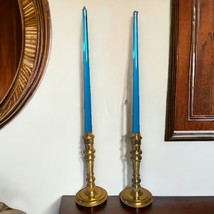 Set/2 Vintage Blue Lucite Taper Candles &amp; Solid Brass Candlesticks MCM Decor - £29.33 GBP
