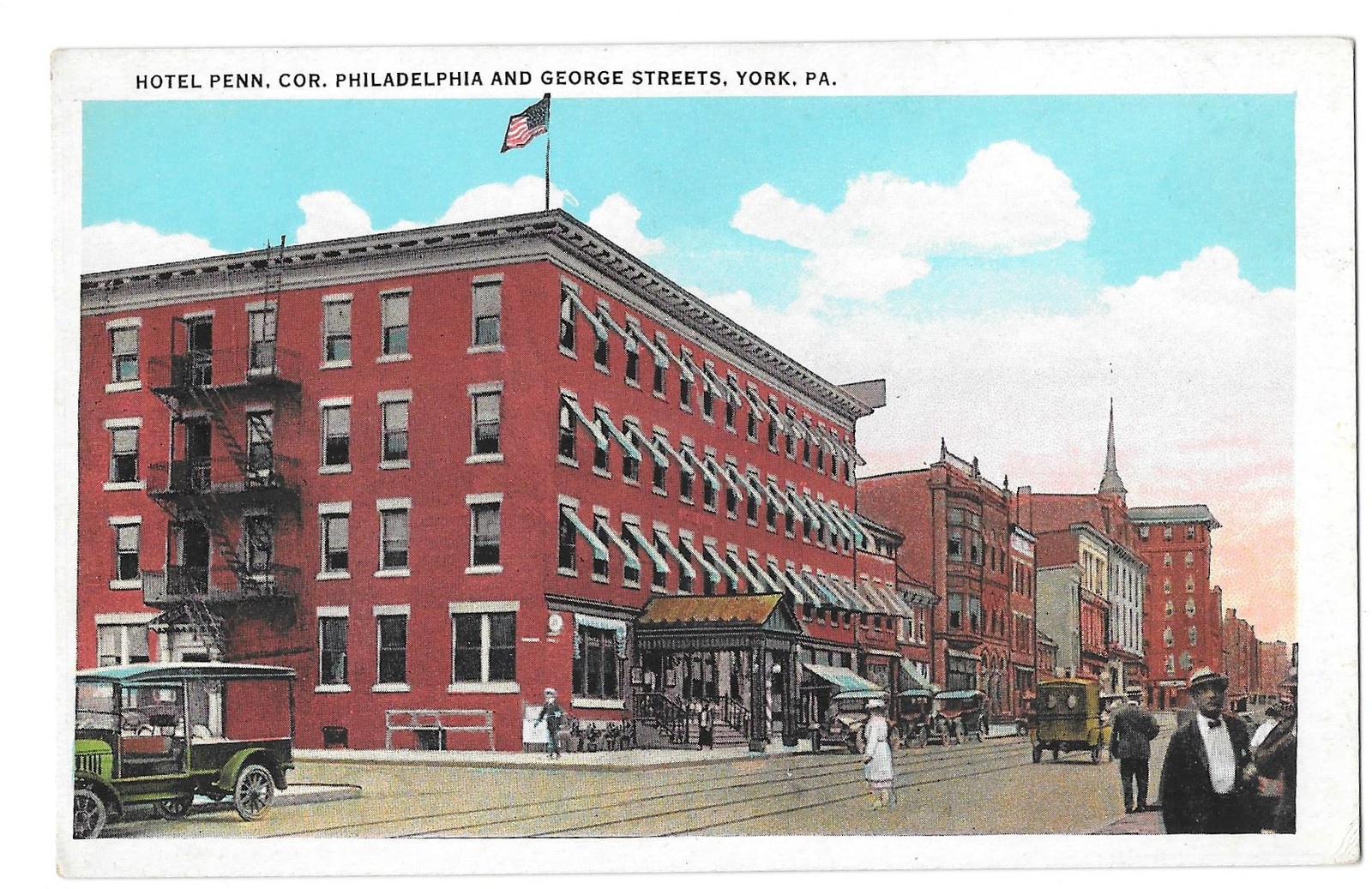 York PA Hotel Penn w Fire Escapes Philadelphia & George St Vintage Postcard - $6.79