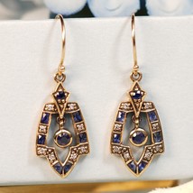 Natural Sapphire and Diamond Vintage Style Wing Drop Earrings in Solid 9K Gold - £518.93 GBP