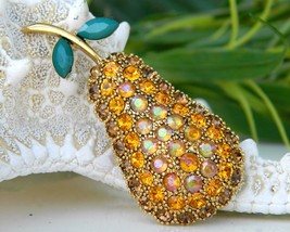 Vintage Pear Fruit Brooch Pin Figural Rhinestone Gold Aurora Borealis - £21.98 GBP