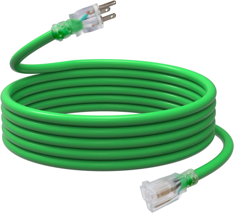 15 Ft Lighted Outdoor Extension Cord - 12/3 SJTW Heavy Duty Green Extension - $50.48