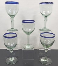 (5) Novica Mexican Hand Blown Cobalt Blue Rim Water Goblets Wine Glasses Bar Lot - £45.01 GBP