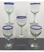 (5) Novica Mexican Hand Blown Cobalt Blue Rim Water Goblets Wine Glasses... - $56.30